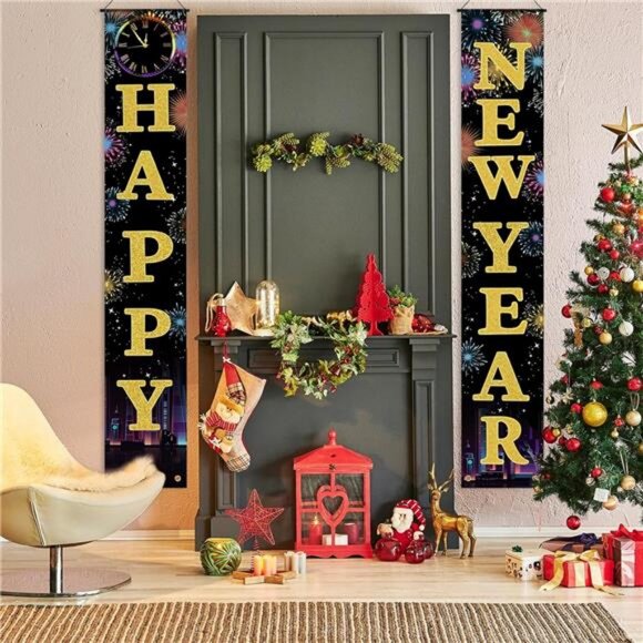 Happy New Year Door Banner Porch Signs Welcome Banner for Home Holiday Winter - Picture 3 of 8